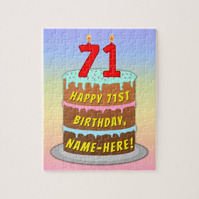 71st Birthday: Fun Cake and Candles + Custom Name Jigsaw Puzzle (Vertical)