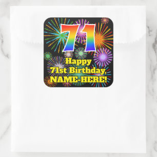 71st Birthday: Fun Fireworks Look, Rainbow # 71 Square Sticker
