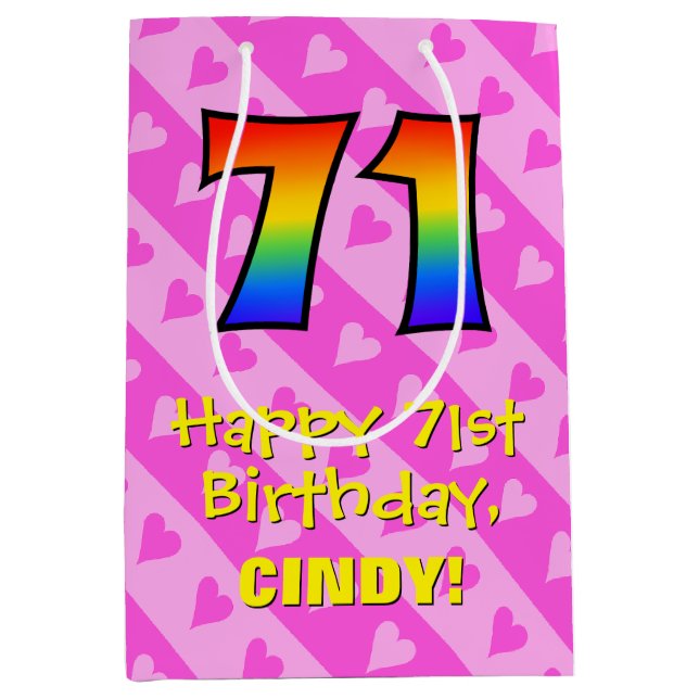 71st Birthday: Fun Pink Hearts Stripes; Rainbow 71 Medium Gift Bag (Front)