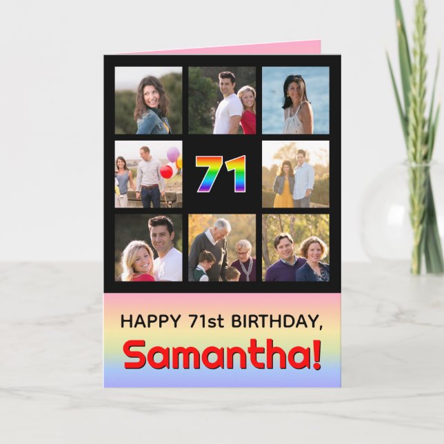 71st Birthday: Fun Rainbow #, Custom Photos + Name Card (Front)