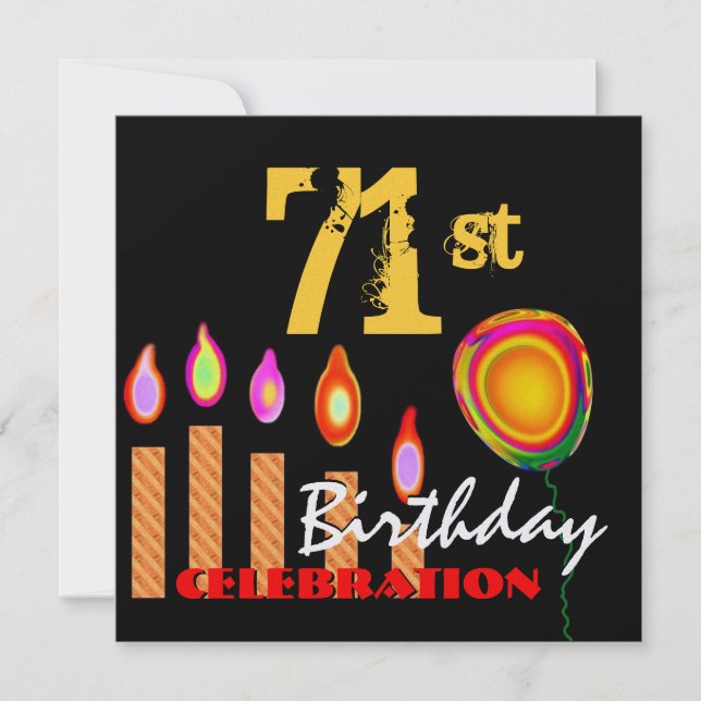 71st Birthday Gold Candles and Balloon Metallic Invitation (Front)