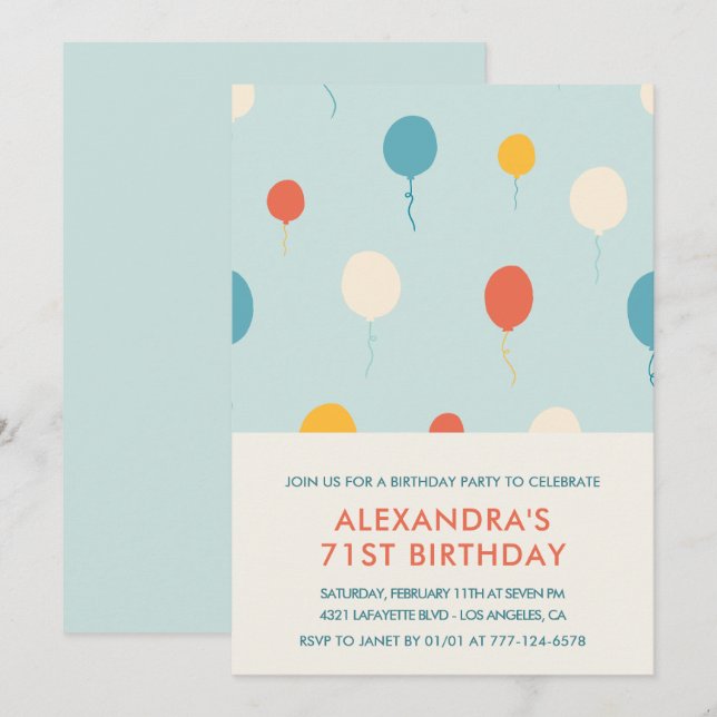 71st birthday invitations Balloons Blue (Front/Back)