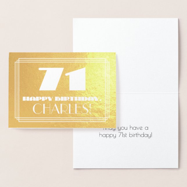 71st Birthday: Name + Art Deco Inspired Look "71" Foil Card (Display)
