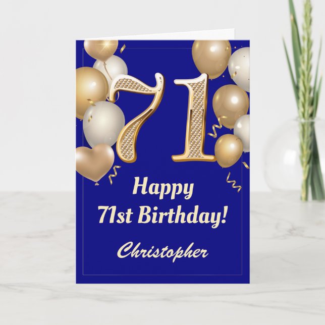 71st Birthday Navy Blue and Gold Balloons Confetti Card (Front)