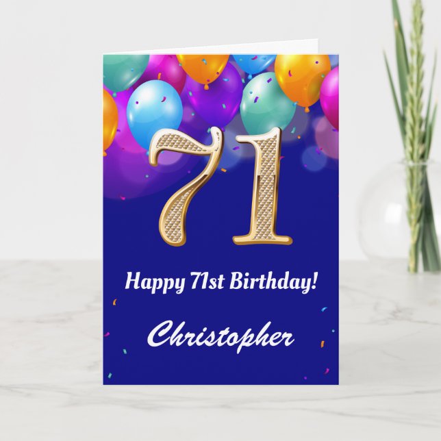 71st Birthday Navy Blue and Gold Colourful Balloon Card (Front)