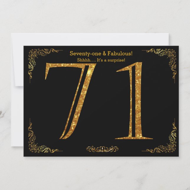 71st Birthday party,Gatsby styl,black gold glitter Invitation (Front)