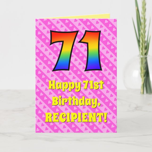71st Birthday: Pink Stripes & Hearts, Rainbow # 71 Card (Front)