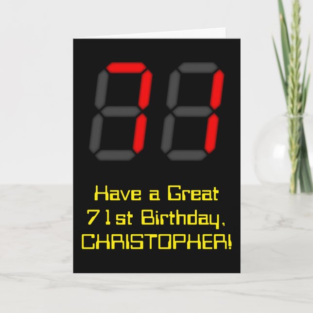 71st Birthday: Red Digital Clock Style "71" + Name Card (Front)