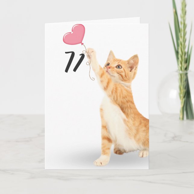 71st birthday tabby cat with heart balloon card (Front)