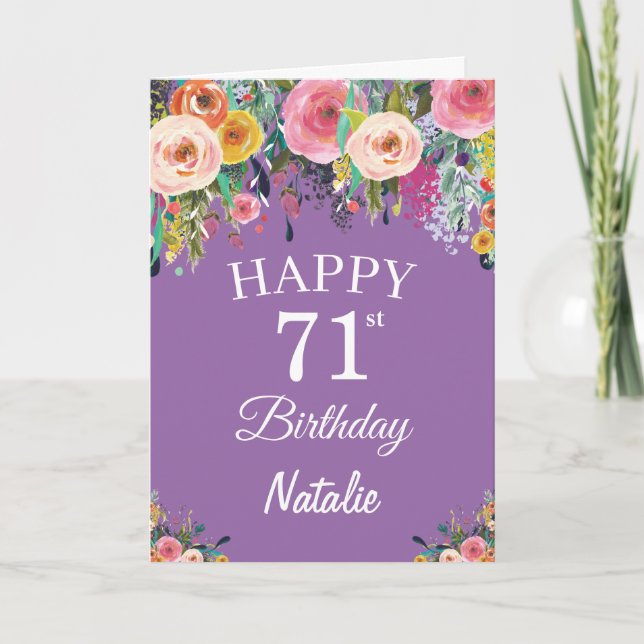 71st Birthday Watercolor Floral Flowers Purple Card (Front)