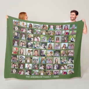 72 Photo Collage Grid with Text - green Fleece Blanket