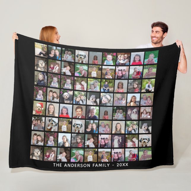 72 Square Photo Collage Grid with Text - black Fleece Blanket (In Situ)