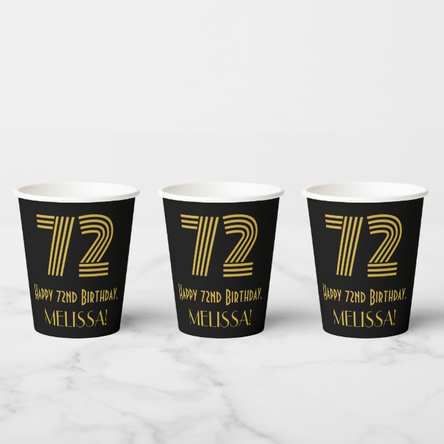 72nd Birthday: Art Deco Inspired Look “72” & Name Paper Cups (Multi)