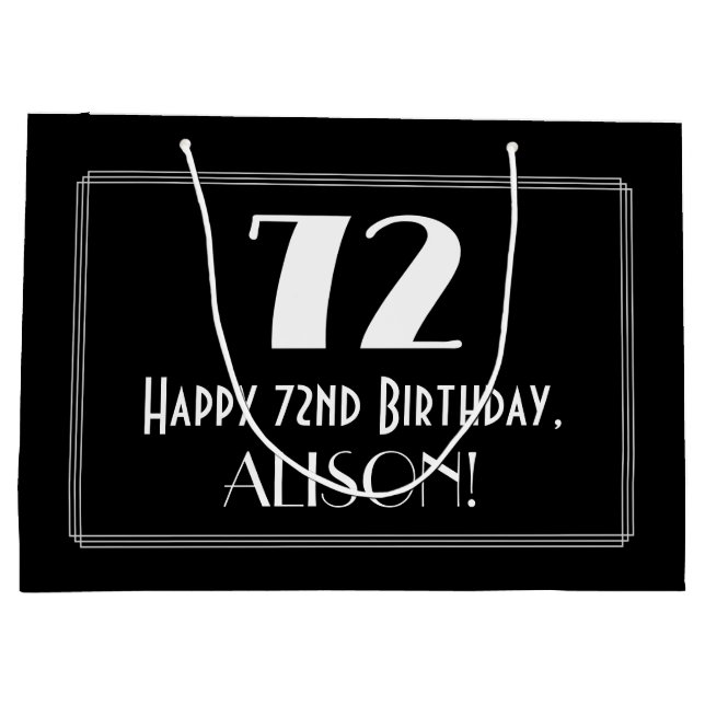 72nd Birthday: Art Deco Inspired Style "72", Name Large Gift Bag (Back)