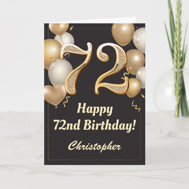 72nd Birthday Black and Gold Balloons Confetti Card (Front)