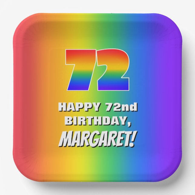 72nd Birthday: Colourful, Fun Rainbow Pattern # 72 Paper Plate (Front)