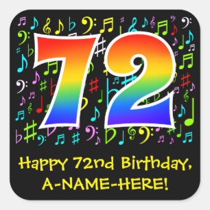 72nd Birthday: Colourful Music Symbols, Rainbow 72 Square Sticker