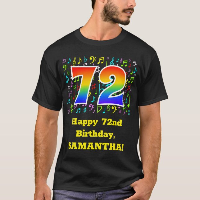 72nd Birthday: Colourful Music Symbols, Rainbow 72 T-Shirt (Front)