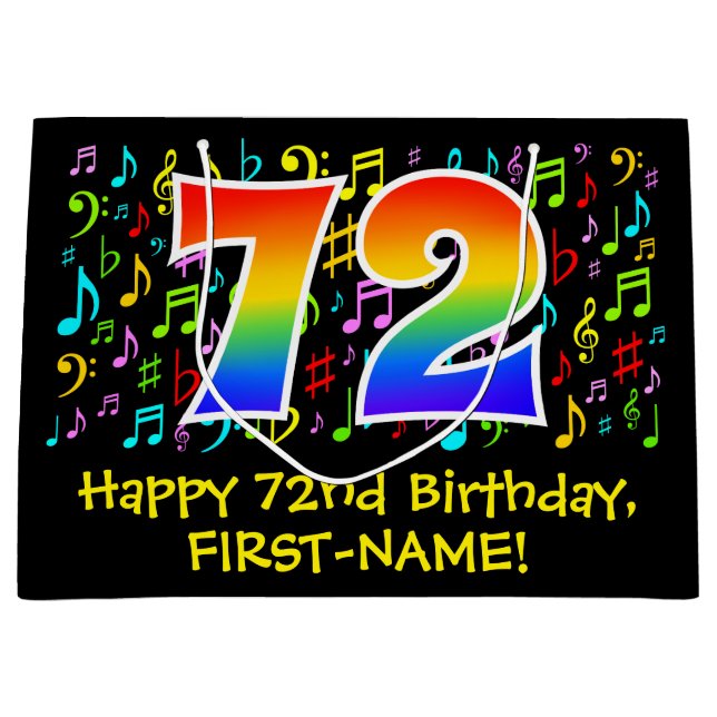 72nd Birthday - Colourful Music Symbols, Rainbow 7 Large Gift Bag (Front)