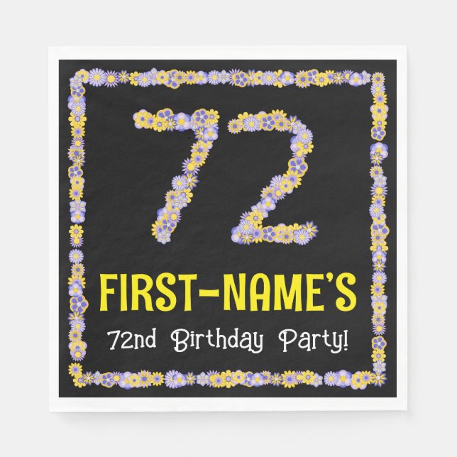72nd Birthday: Floral Flowers Number, Custom Name Napkin (Front)