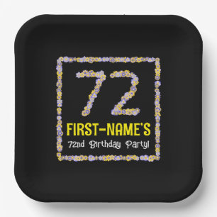72nd Birthday: Floral Flowers Number, Custom Name Paper Plate