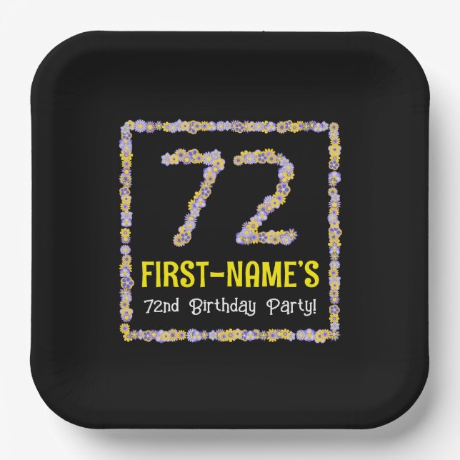 72nd Birthday: Floral Flowers Number, Custom Name Paper Plate (Front)