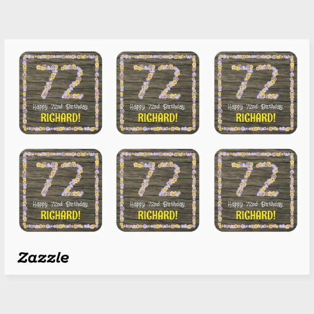 72nd Birthday: Floral Number, Faux Wood Look, Name Square Sticker (Sheet)