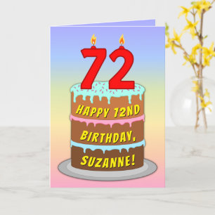 72nd Birthday — Fun Cake & Candles, w/ Custom Name Card
