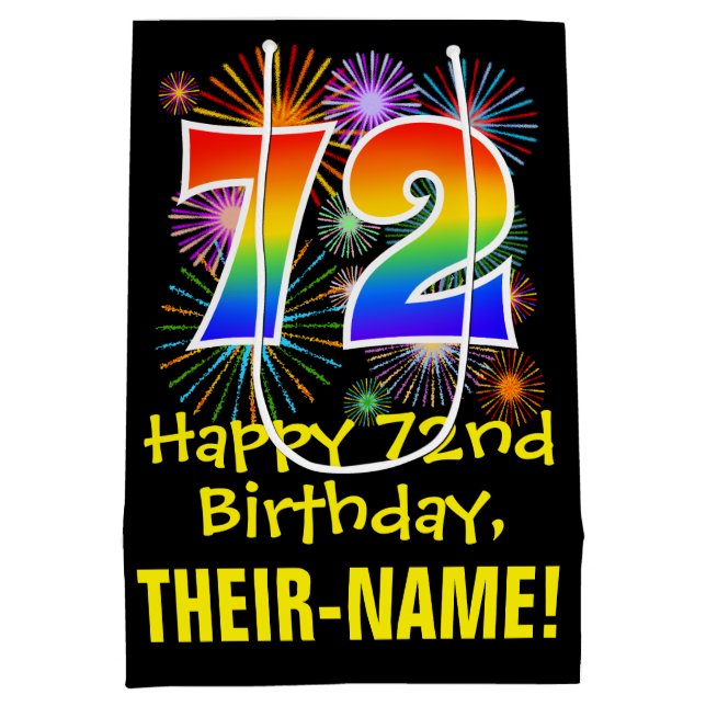 72nd Birthday: Fun Fireworks Pattern + Rainbow 72 Medium Gift Bag (Back)