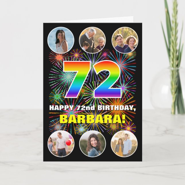 72nd Birthday: Fun Rainbow #, Custom Name & Photos Card (Front)