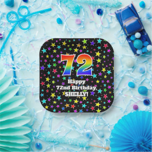 72nd Birthday: Fun Stars Pattern and Rainbow “72” Paper Plate