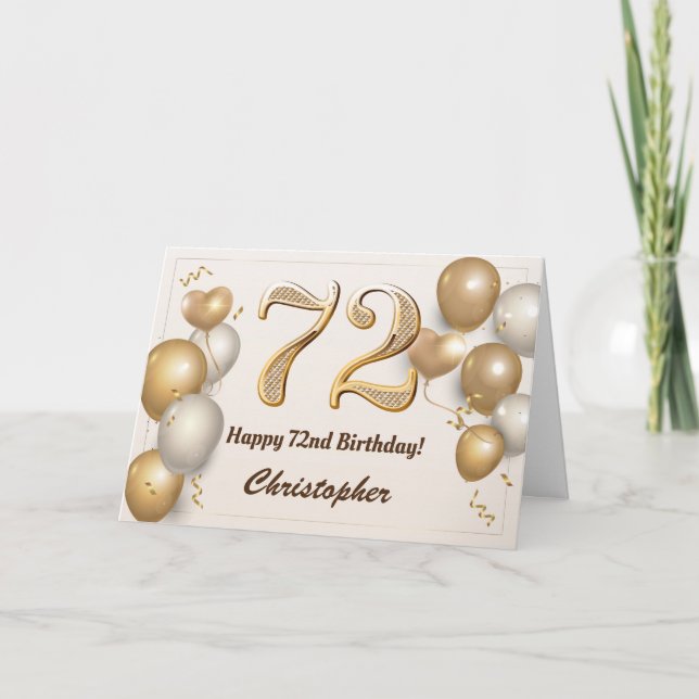 72nd Birthday Gold Balloons and Confetti Birthday Card (Front)