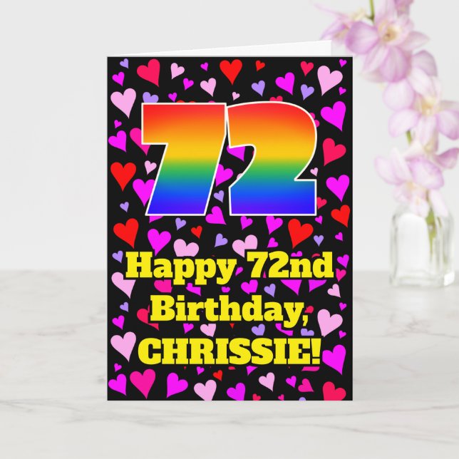 72nd Birthday: Loving Hearts Pattern, Rainbow # 72 Card (Orchid)