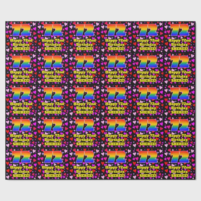 72nd Birthday: Loving Hearts Pattern, Rainbow # 72 Wrapping Paper (Seam)