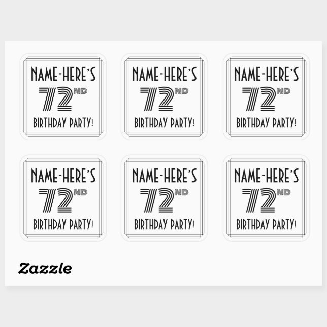 72nd Birthday Party: Art Deco Style + Custom Name Square Sticker (Sheet)