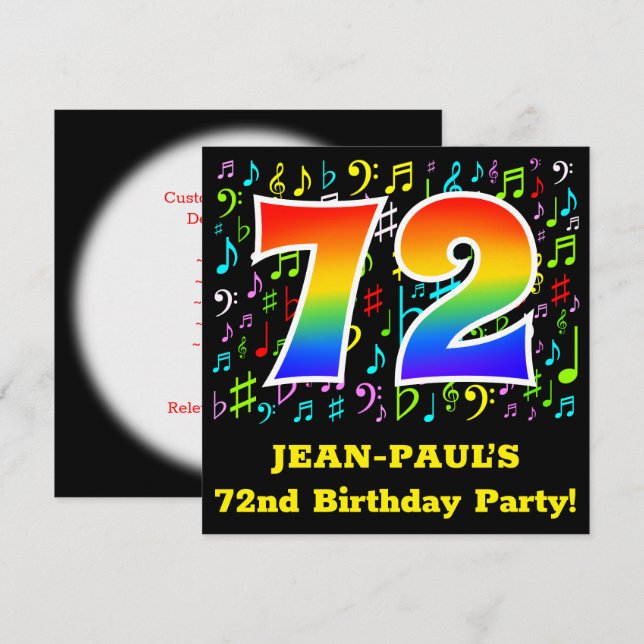 72nd Birthday Party: Fun Music Symbols, Rainbow 72 Invitation (Front/Back)
