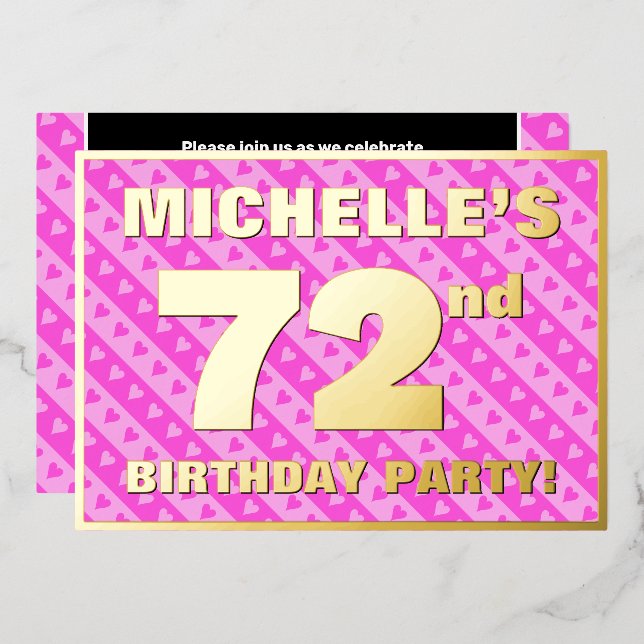 72nd Birthday Party — Fun Pink Hearts and Stripes (Front/Back)