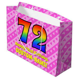 72nd Birthday: Pink Stripes & Hearts, Rainbow # 72 Large Gift Bag