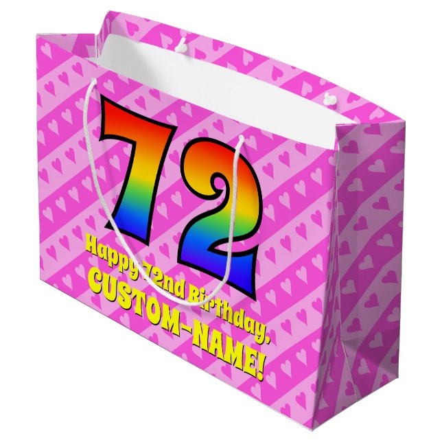 72nd Birthday: Pink Stripes & Hearts, Rainbow # 72 Large Gift Bag (Back Angled)