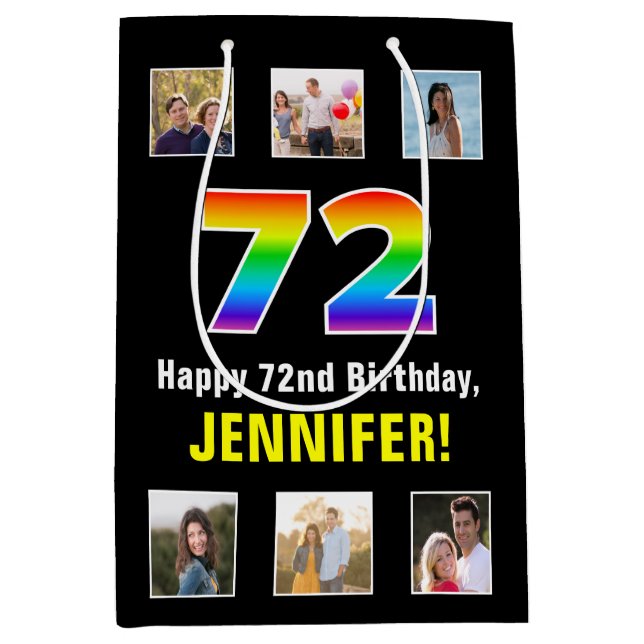 72nd Birthday: Rainbow “72“, Custom Photos & Name Medium Gift Bag (Front)