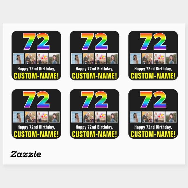 72nd Birthday: Rainbow “72”; Custom Photos & Name Square Sticker (Sheet)