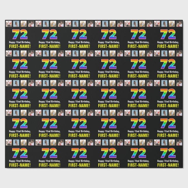 72nd Birthday: Rainbow “72“; Custom Photos & Name Wrapping Paper (Seam)