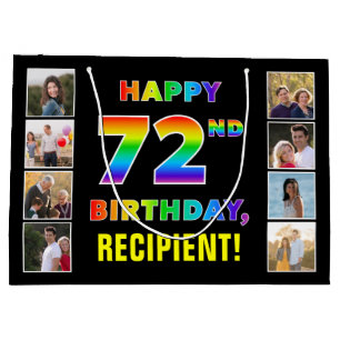 72nd Birthday: Rainbow Text, Custom Photos & Name Large Gift Bag