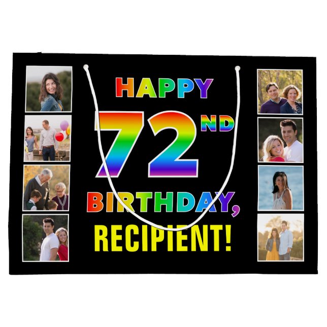 72nd Birthday: Rainbow Text, Custom Photos & Name Large Gift Bag (Back)