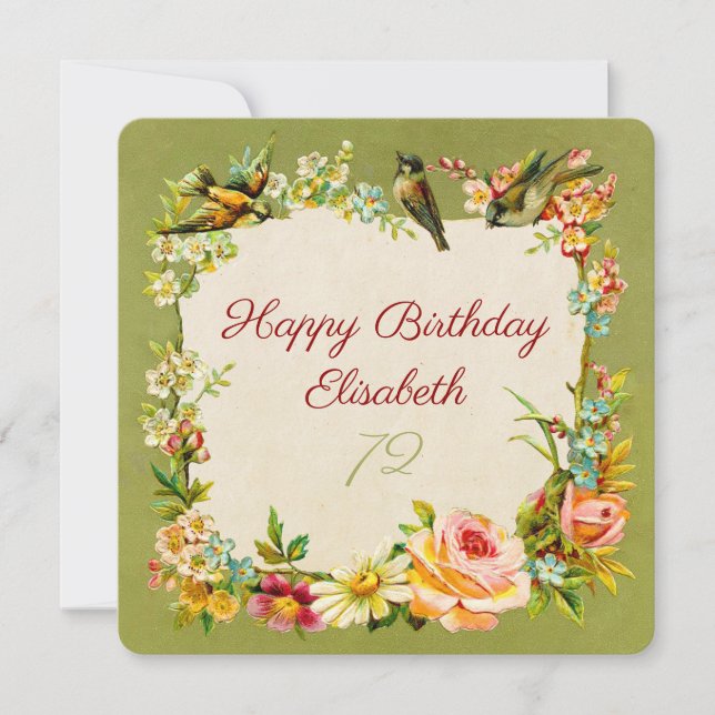 72nd birthday vintage flowers & birds antique card (Front)