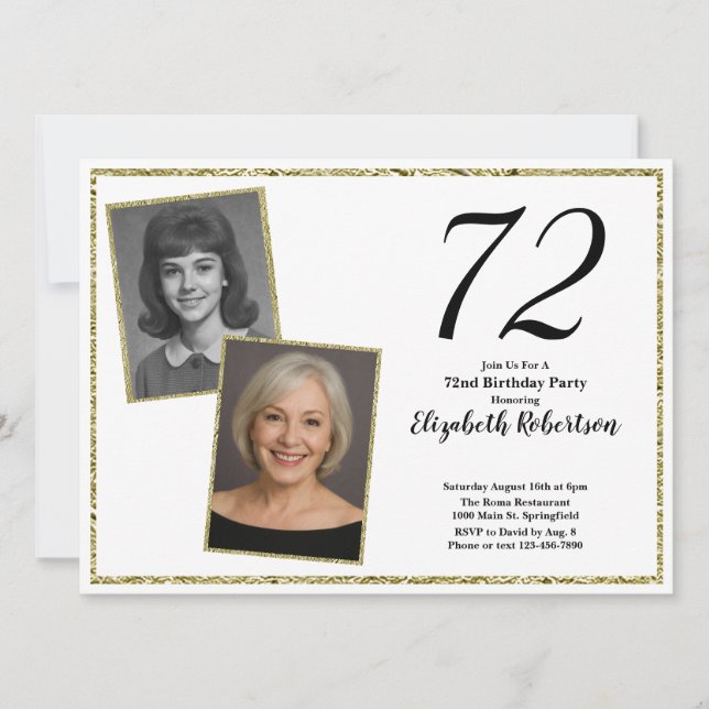 72nd Custom Photo White and Gold  Invitation (Front)