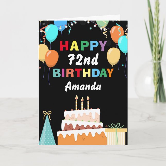 72nd Happy Birthday Colourful Balloons Cake Black Card (Front)