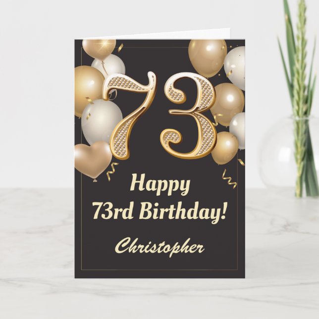 73rd Birthday Black and Gold Balloons Confetti Card (Front)