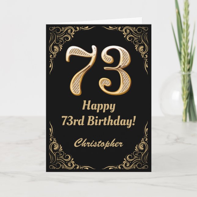 73rd Birthday Black and Gold Glitter Frame Card (Front)