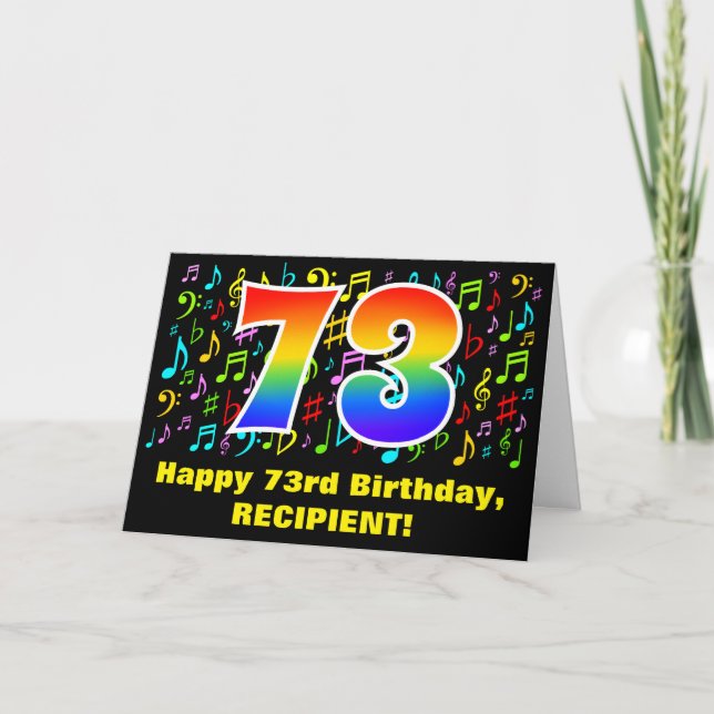 73rd Birthday: Colorful Music Symbols & Rainbow 73 Card (Front)